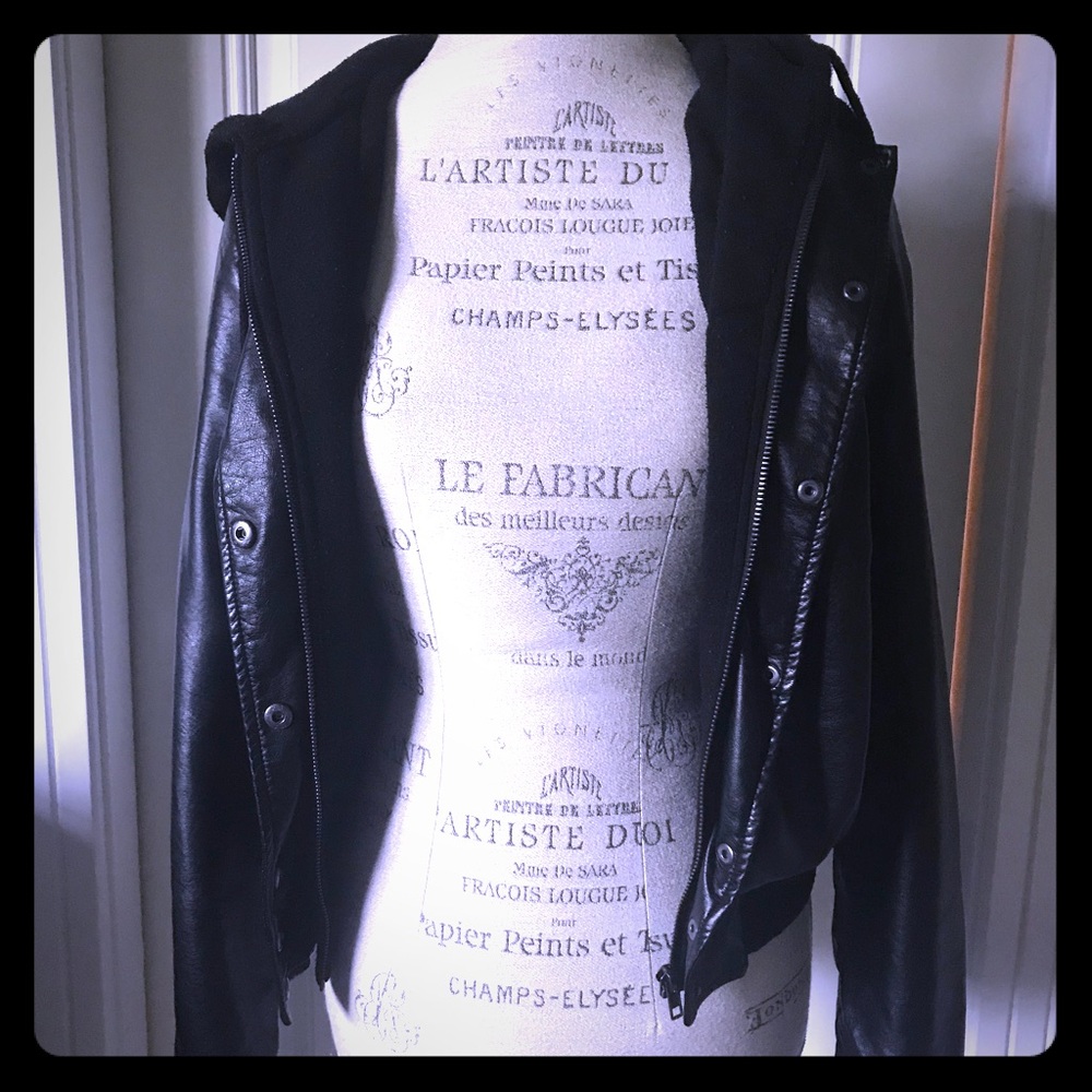 Hooded thread & supply faux leather bomber jacket